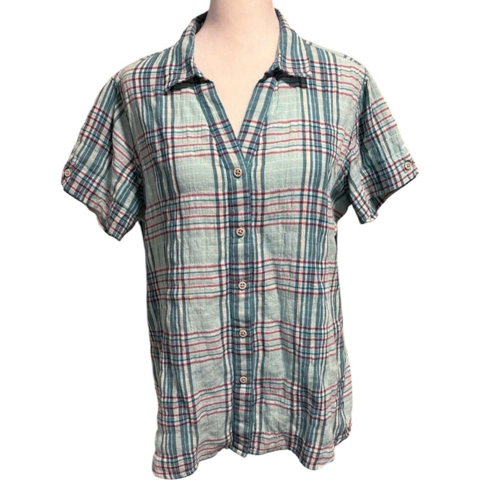 Woolrich Size L Plaid Button Up Short Sleeve Shirt Gauze Teal